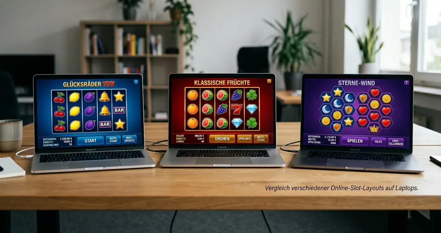 Vergleich dreier Slot-Spiele nebeneinander auf Laptop-Bildschirmen, unterschiedliche Walzen und Symbole sichtbar, neutrale Darstellung ohne Markenlogos