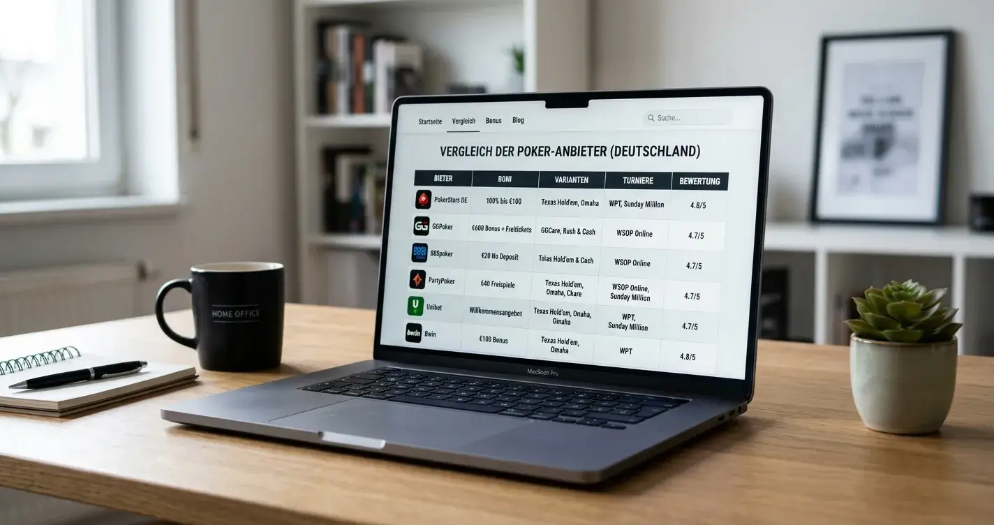 Vergleichstabelle mit Poker-Anbietern auf Laptop-Bildschirm