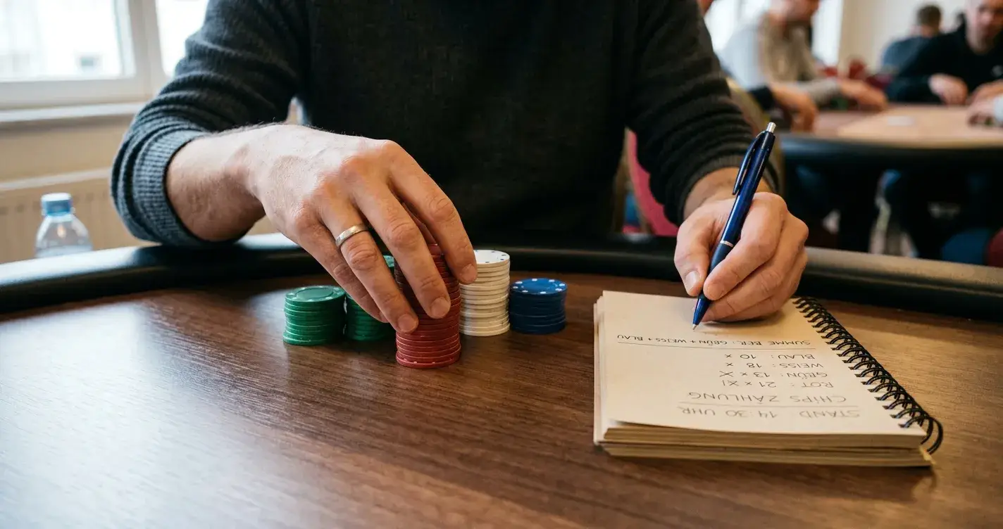 Person zählt Poker-Chips und macht Notizen zur Rake-Berechnung