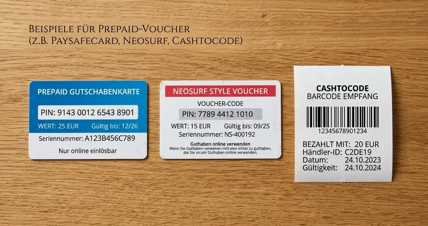Drei verschiedene Prepaid-Gutscheine auf Holztisch