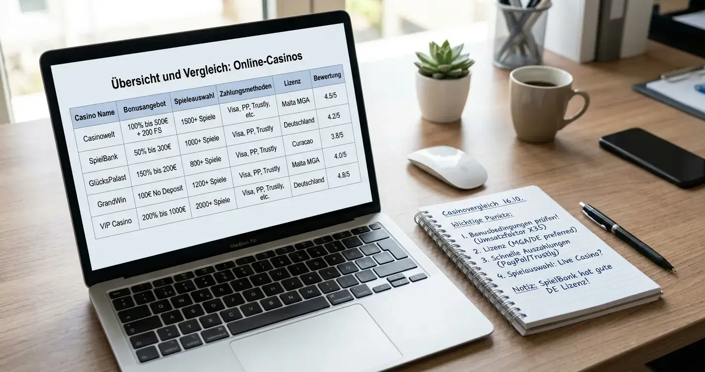 Vergleichstabelle mit Casino-Optionen auf Laptop-Bildschirm und Notizblock
