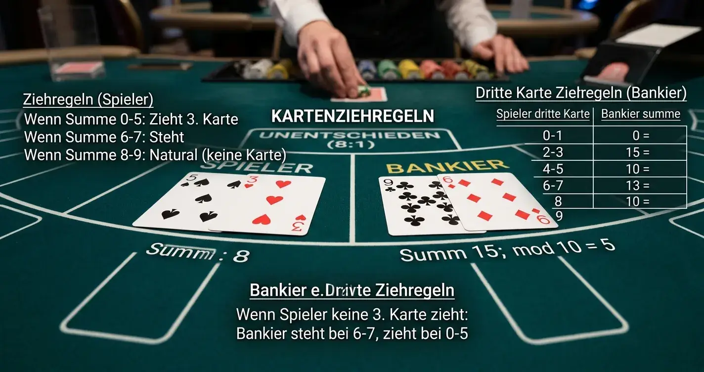 Baccarat-Spielkarten zeigen Kartenwerte und Ziehungsregeln auf grünem Spieltisch