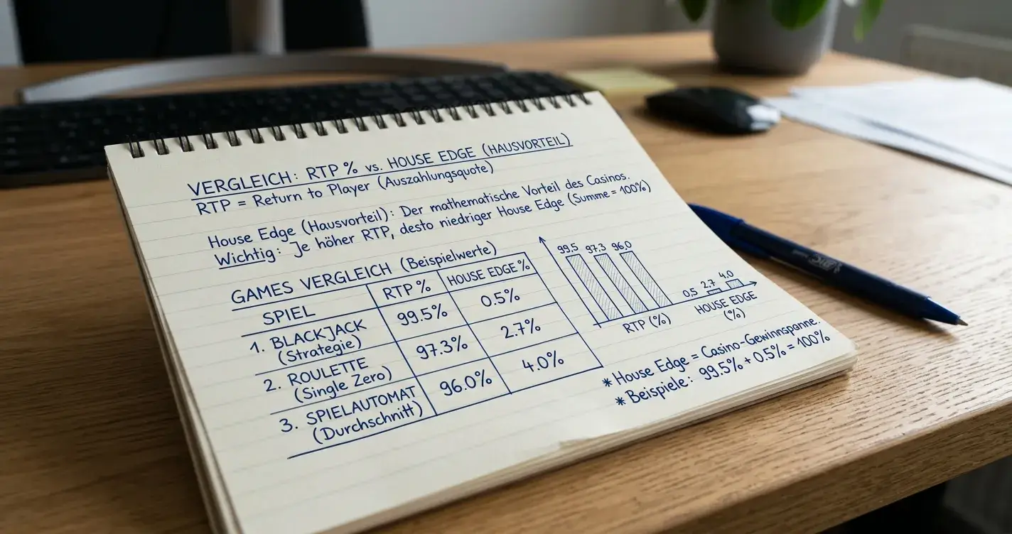 Diagramm mit RTP-Prozentwerten und Hausvorteil-Vergleich auf Notizblock