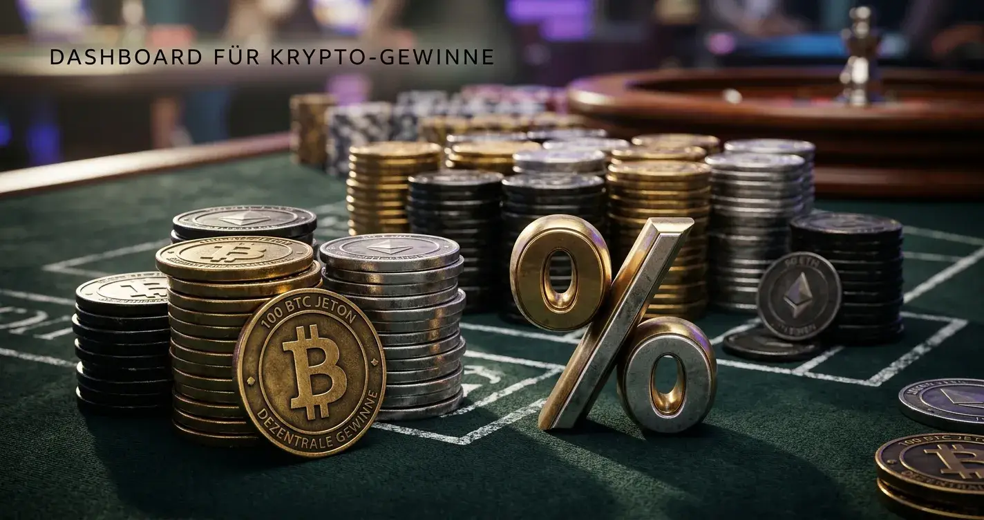 Gestapelte Poker-Chips mit Krypto-Symbolen und Prozentzeichen
