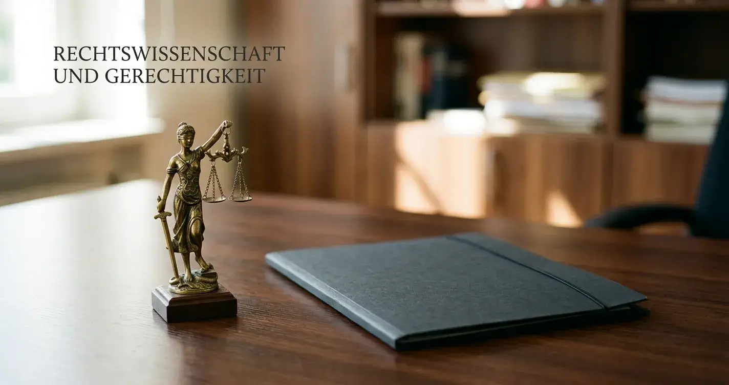 Neutrales Rechtsdokument mit Waage der Justiz auf einem aufgeräumten Tisch