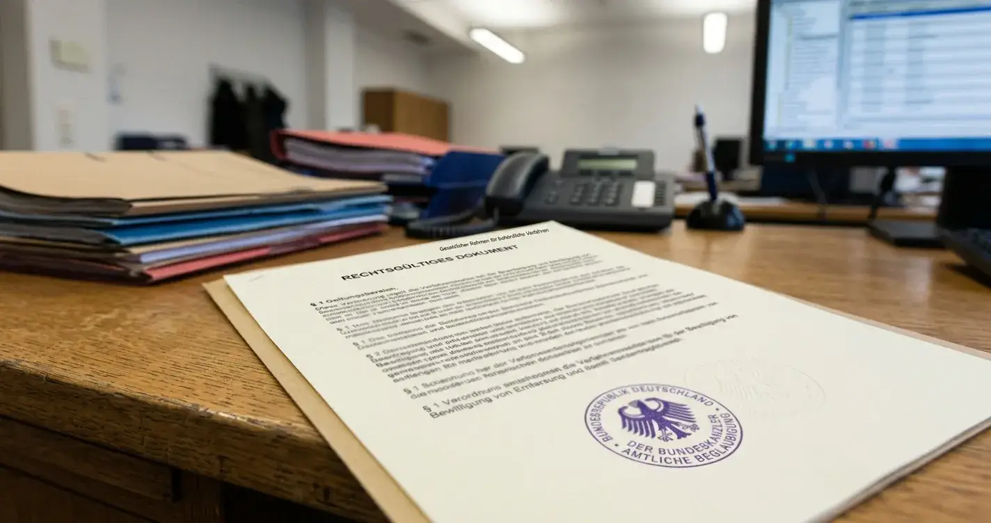 Dokument mit Gesetzestext und Paragraphen auf einem Schreibtisch, Stempel und offizielle Siegel sichtbar, neutrale behördliche Atmosphäre