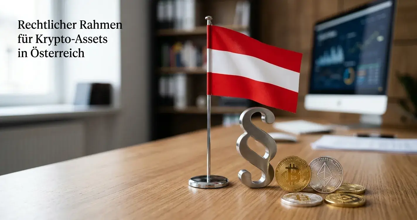 Österreichische Flagge mit Paragraphen-Symbol und Krypto-Münzen