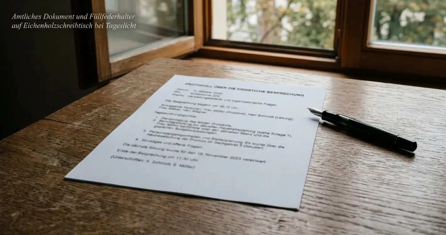 Neutrales amtliches Dokument ohne Wappen auf einem Schreibtisch mit gedämpftem Tageslicht
