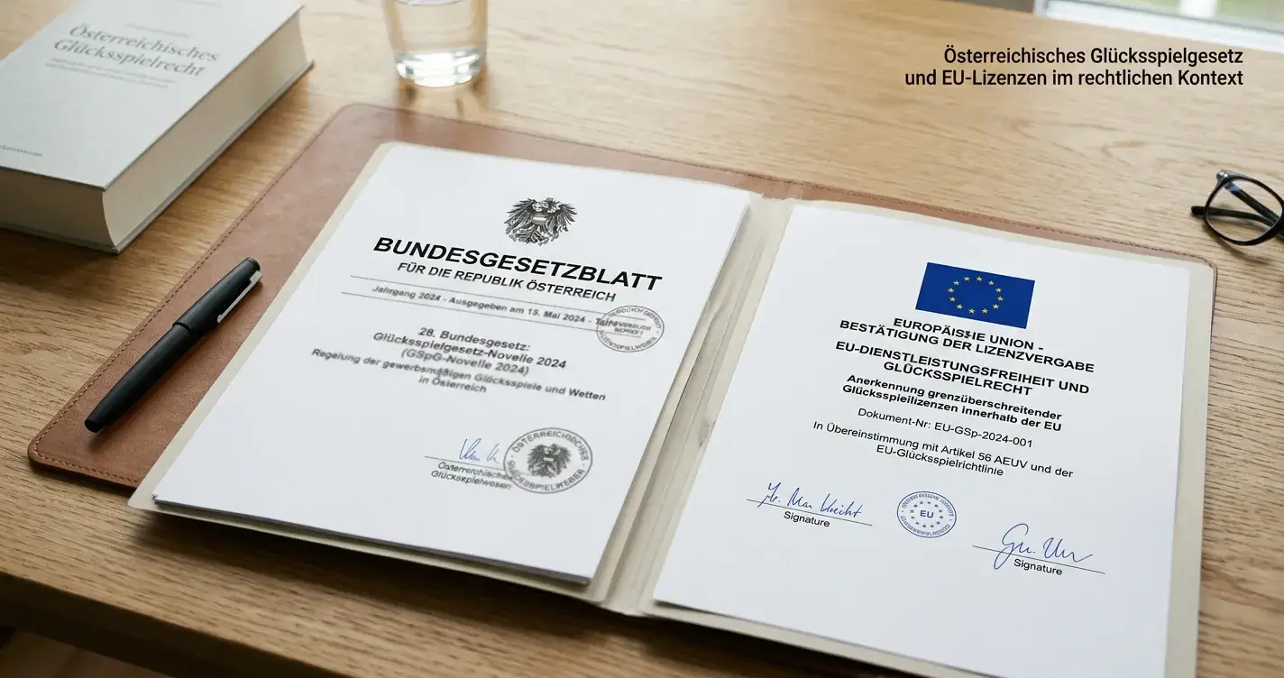 Österreichisches Glücksspielgesetz-Dokument neben EU-Lizenzen