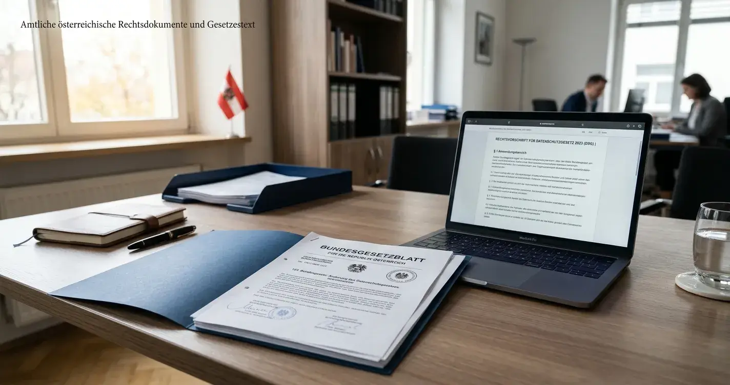 Österreichische Rechtsdokumente und Laptop mit Gesetzestexten