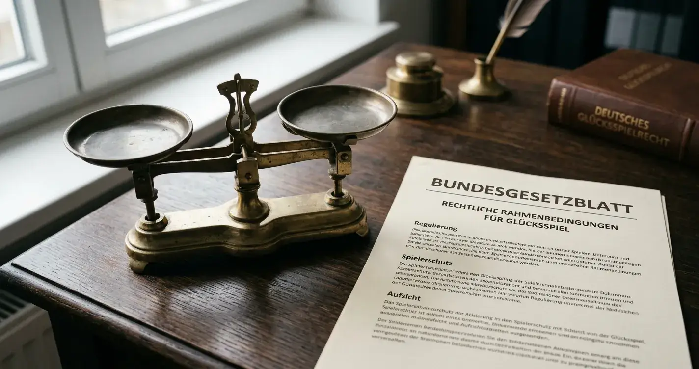 Eine Waage und ein neutrales Gesetzesdokument als Symbol für die Rechtslage beim Online-Glücksspiel in Österreich