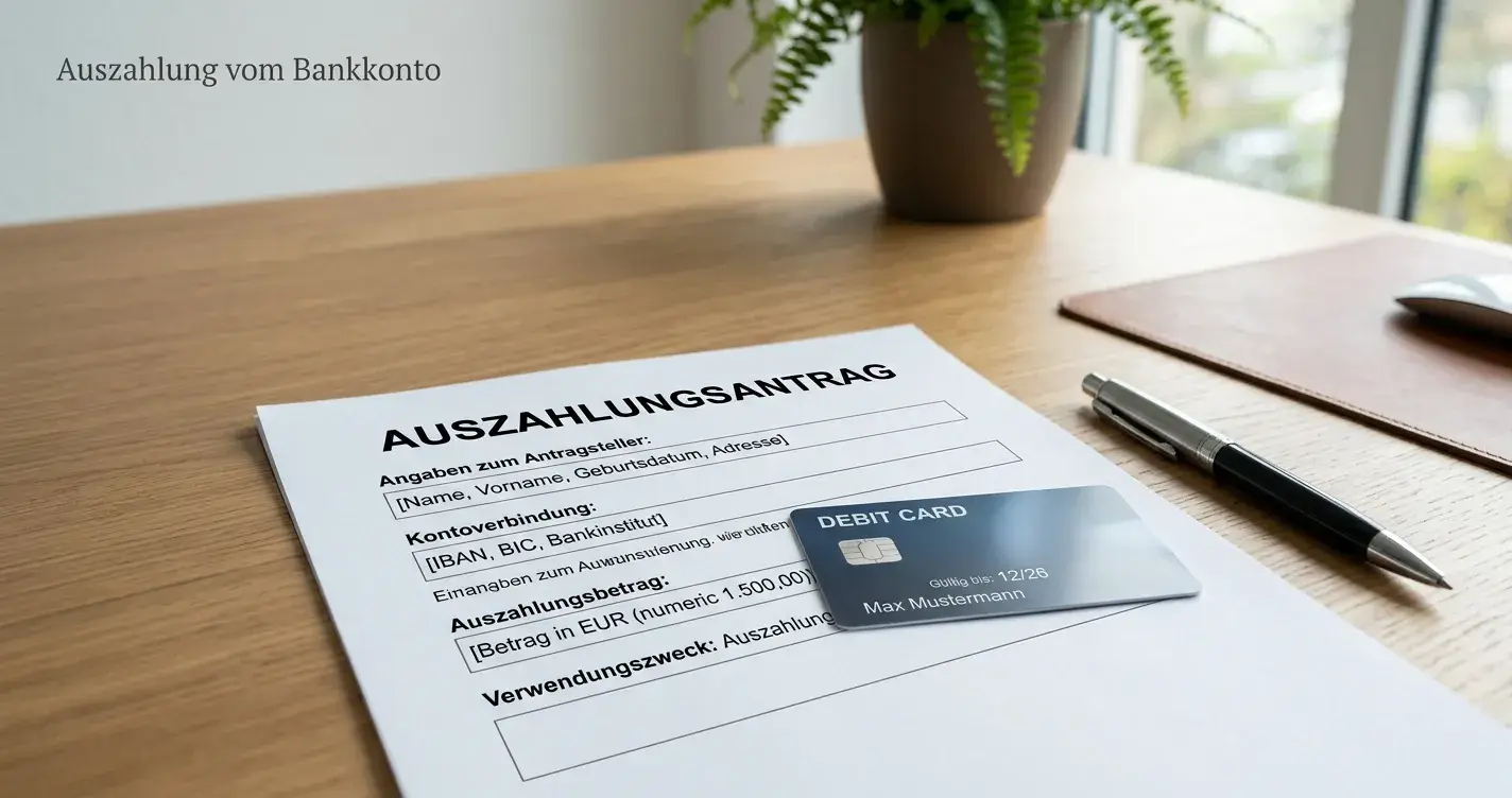 Dokument mit Auszahlungsantrag und Bankkarte auf Schreibtisch