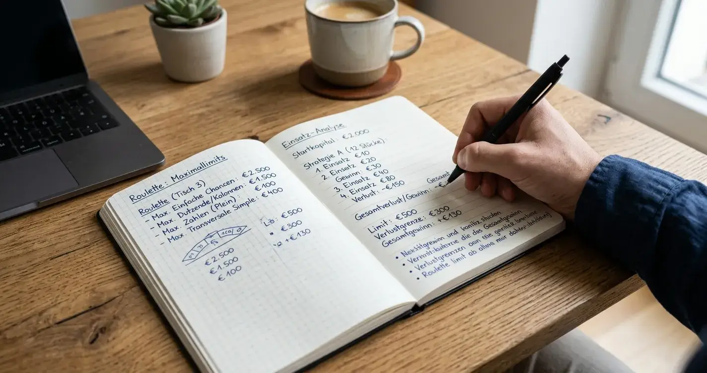 Notizblock mit handschriftlichen Casino-Limits und Umsatzberechnungen