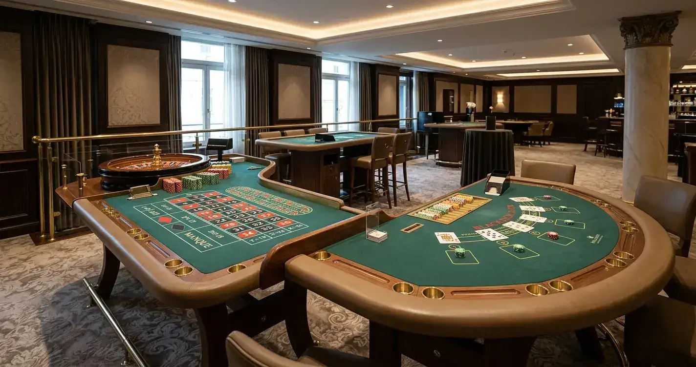 Ein Roulette-Tisch und ein Blackjack-Tisch in einem ruhigen Casino-Ambiente, realistische Darstellung ohne grelle Lichter, neutrale Perspektive