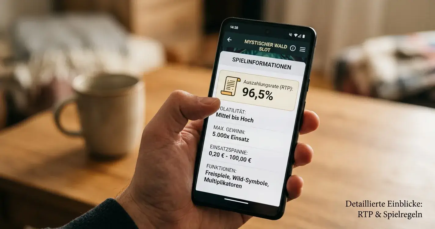 Smartphone-Display zeigt Slot-Spielinformationen mit RTP-Angabe