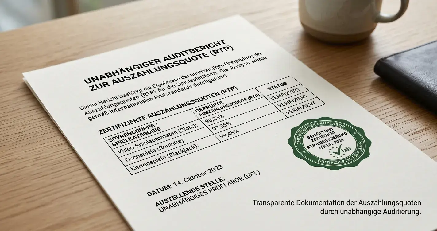 Nahaufnahme eines Dokuments mit RTP-Prozentsätzen und Zertifizierungssiegel