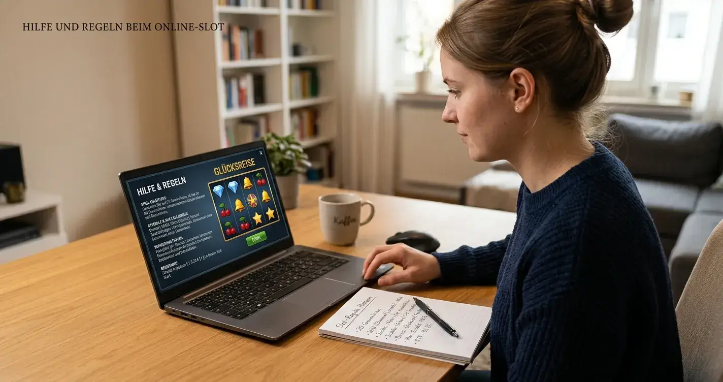 Person prüft am Laptop die Hilfe-Seite eines Automatenspiels, daneben notiertes Blatt