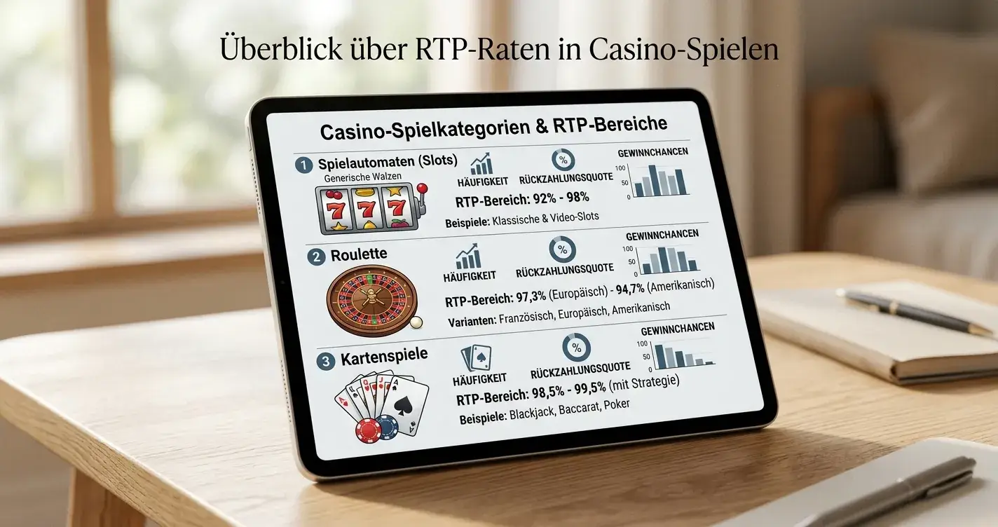 Übersicht verschiedener Casino-Spielkategorien mit RTP-Ranges