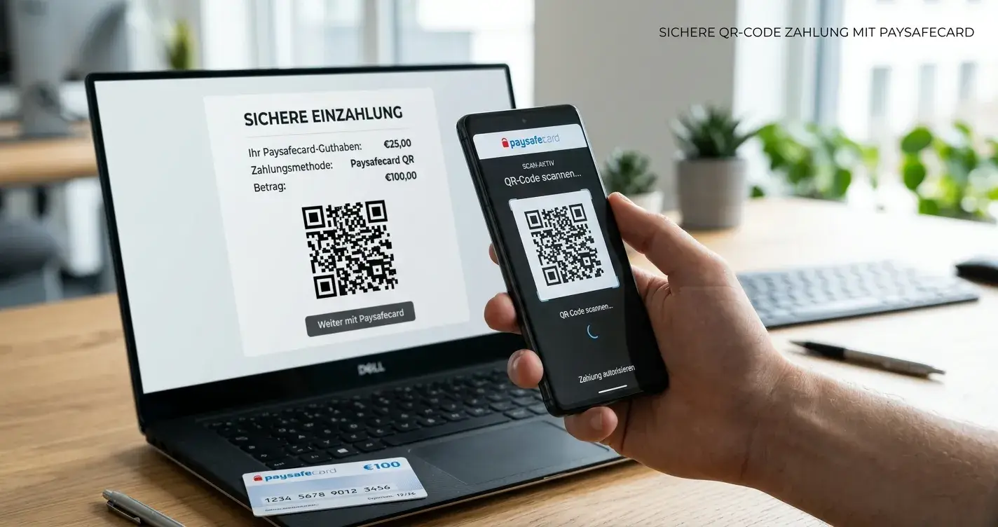 Smartphone mit QR-Code-Scanner und Paysafecard-Voucher im Hintergrund
