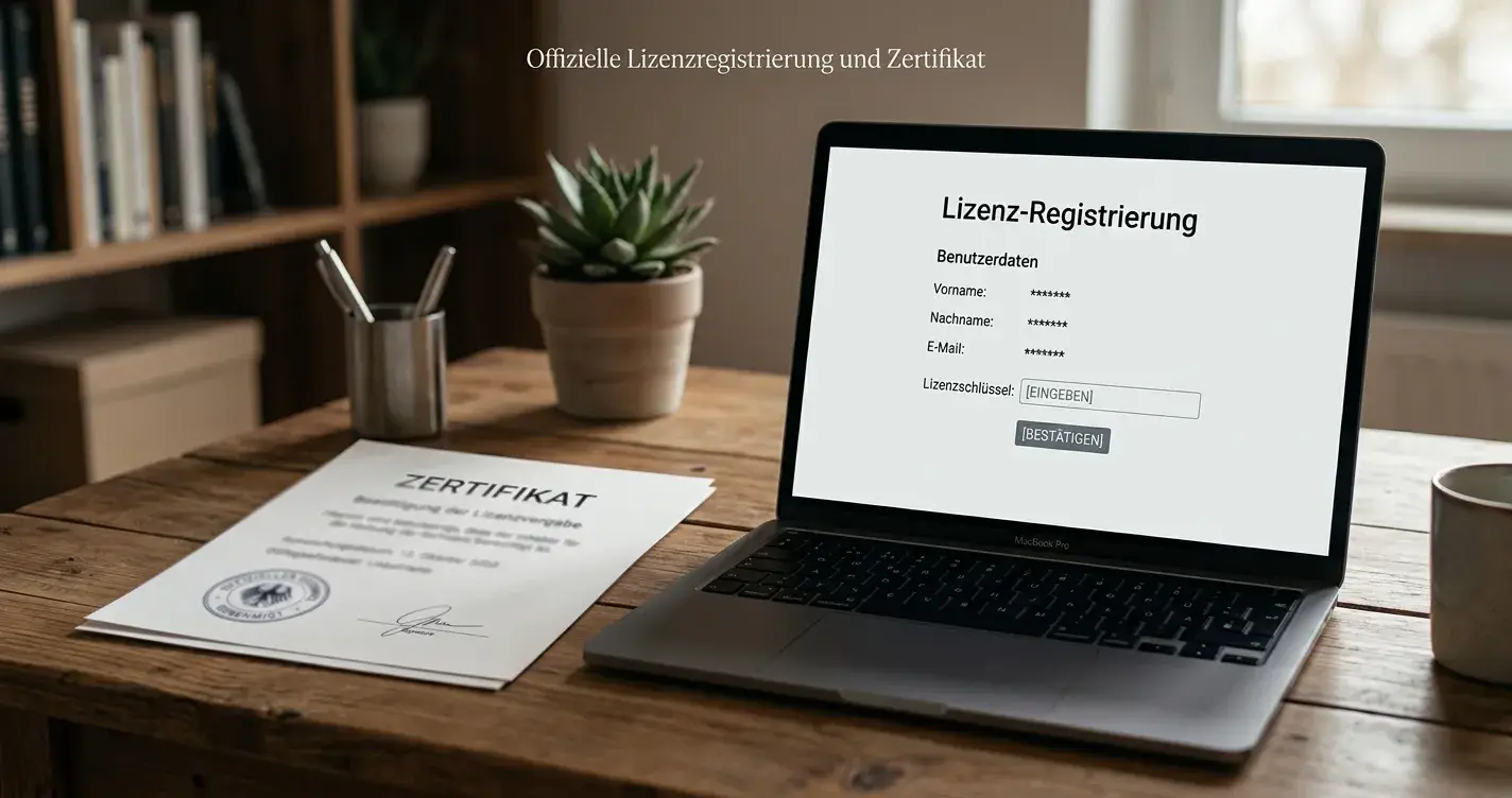 Lizenzdokument mit neutralem Stempel neben einem Laptop mit Bonusbedingungen