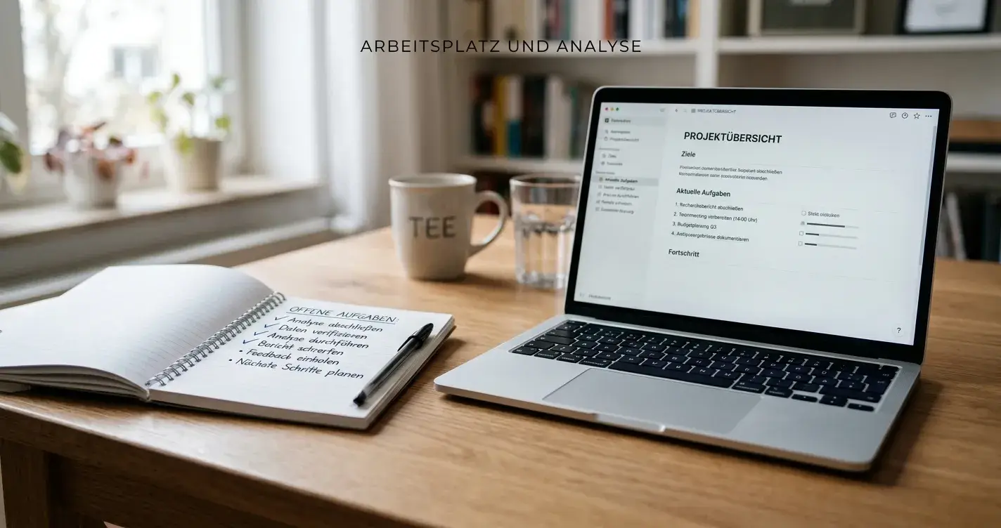 Notizblock mit handschriftlichen Prüfpunkten zu Bonusbedingungen neben einem Laptop