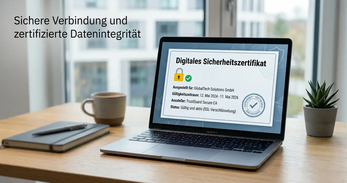 Dokument mit SSL-Verschlüsselung-Symbol und Lizenzsiegel auf Laptop-Bildschirm