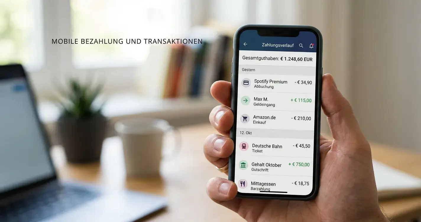 Smartphone mit Skrill-App-Interface und Transaktionsverlauf