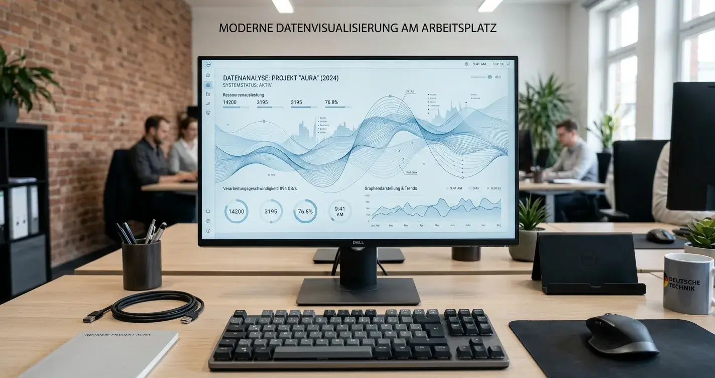 Monitor mit abstrakten Datenvisualisierungen in Blautönen auf Schreibtisch