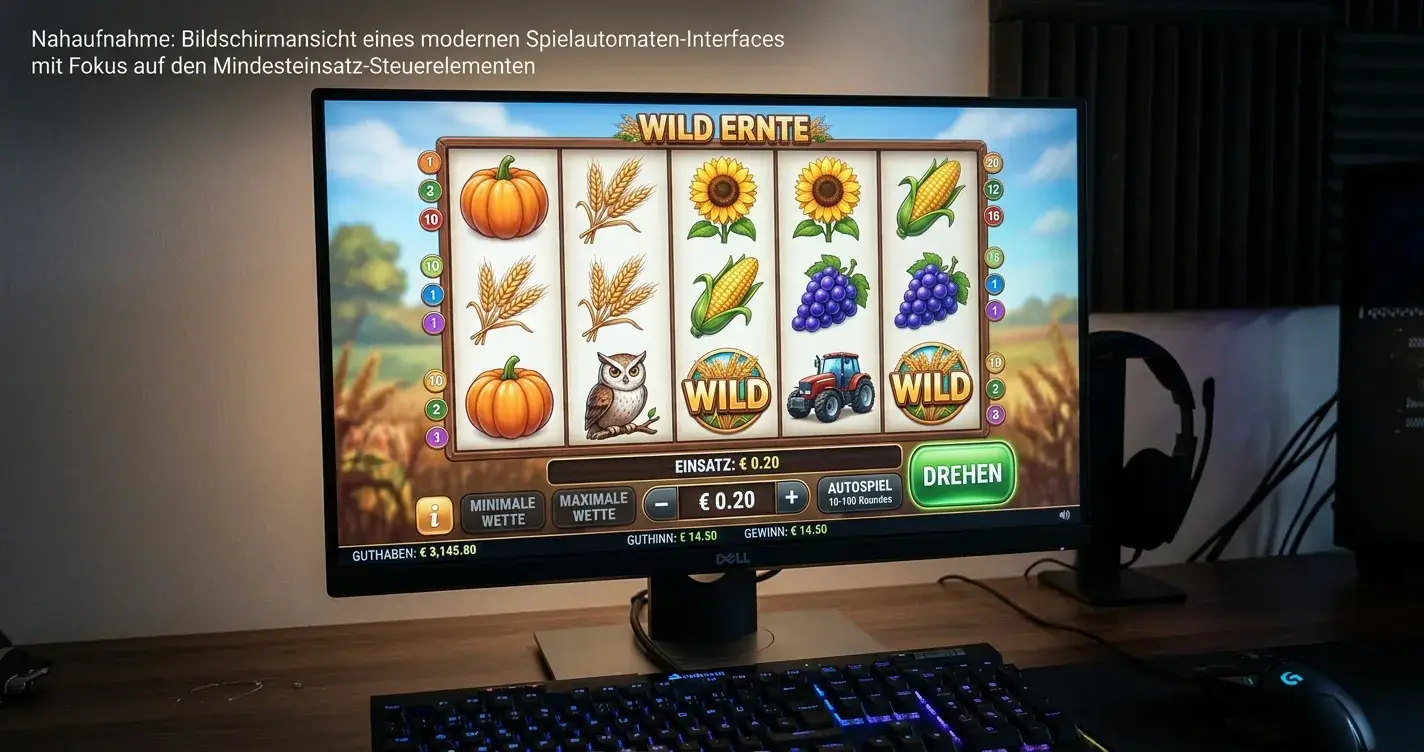 Nahaufnahme eines Slot-Spiels auf einem Bildschirm mit Anzeige der Paylines und Einsatzeinstellungen, Fokus auf Min-Bet-Angabe