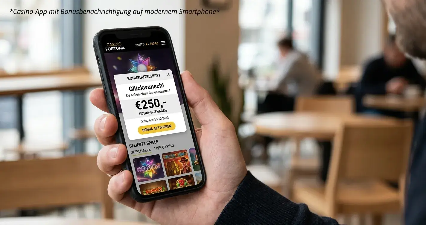 Smartphone mit Casino-App und Registrierungsbestätigung mit gutgeschriebenen Freispielen