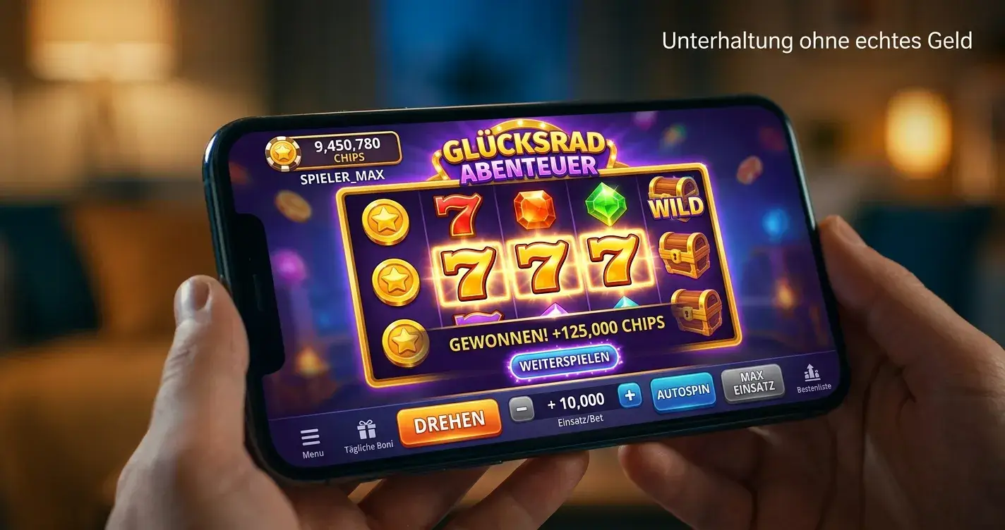 Smartphone-Bildschirm mit Social Casino App und virtuellem Chip-Guthaben