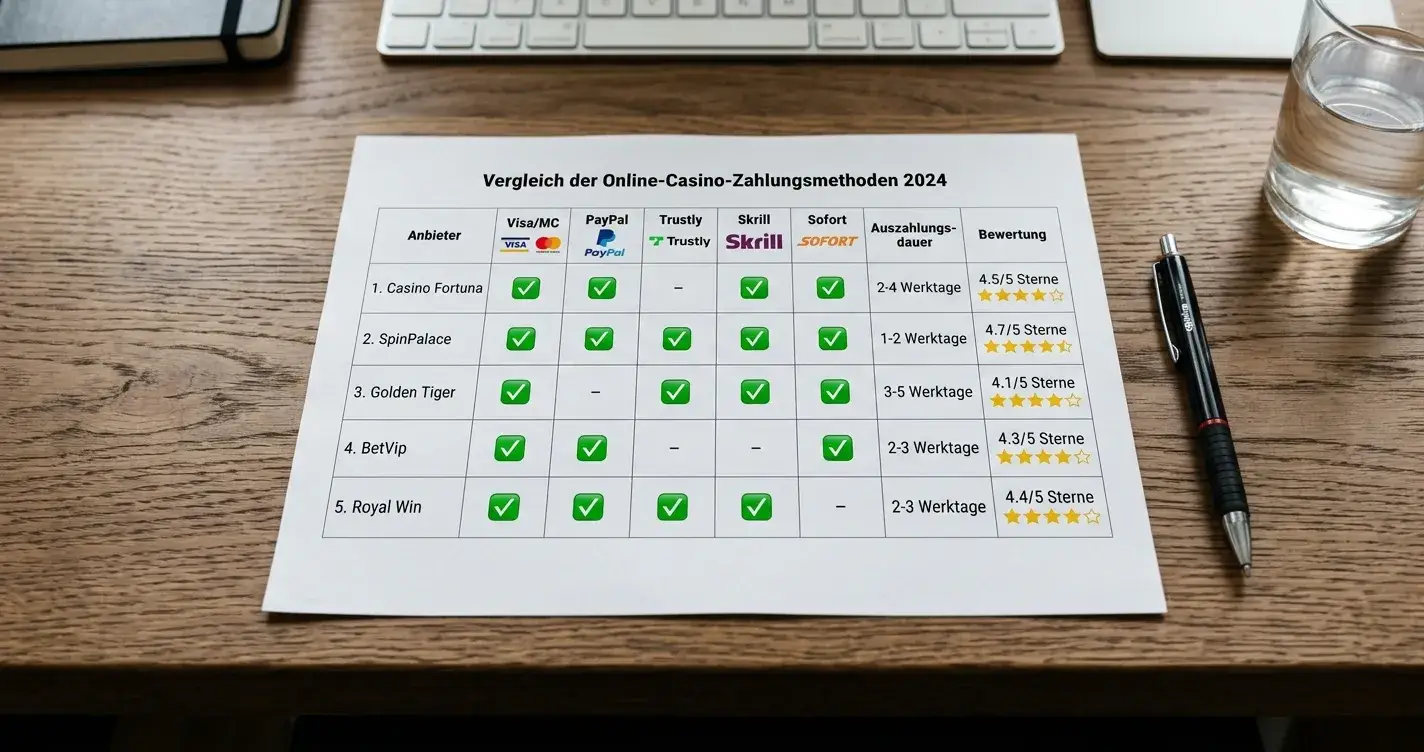 Vergleichstabelle auf Papier mit Casino-Namen und Zahlungsmethoden-Symbolen