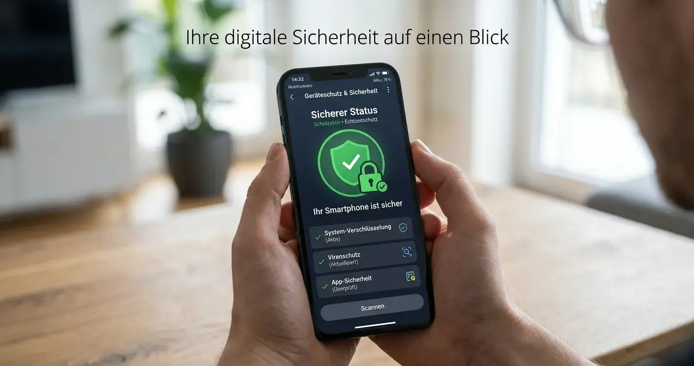Smartphone zeigt Sicherheitssymbol mit Schloss und Schild auf Bildschirm