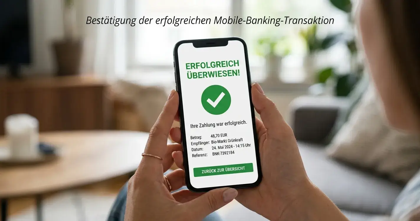 Smartphone mit geöffneter Banking-App und Sofort-Bestätigungsnachricht auf dem Display
