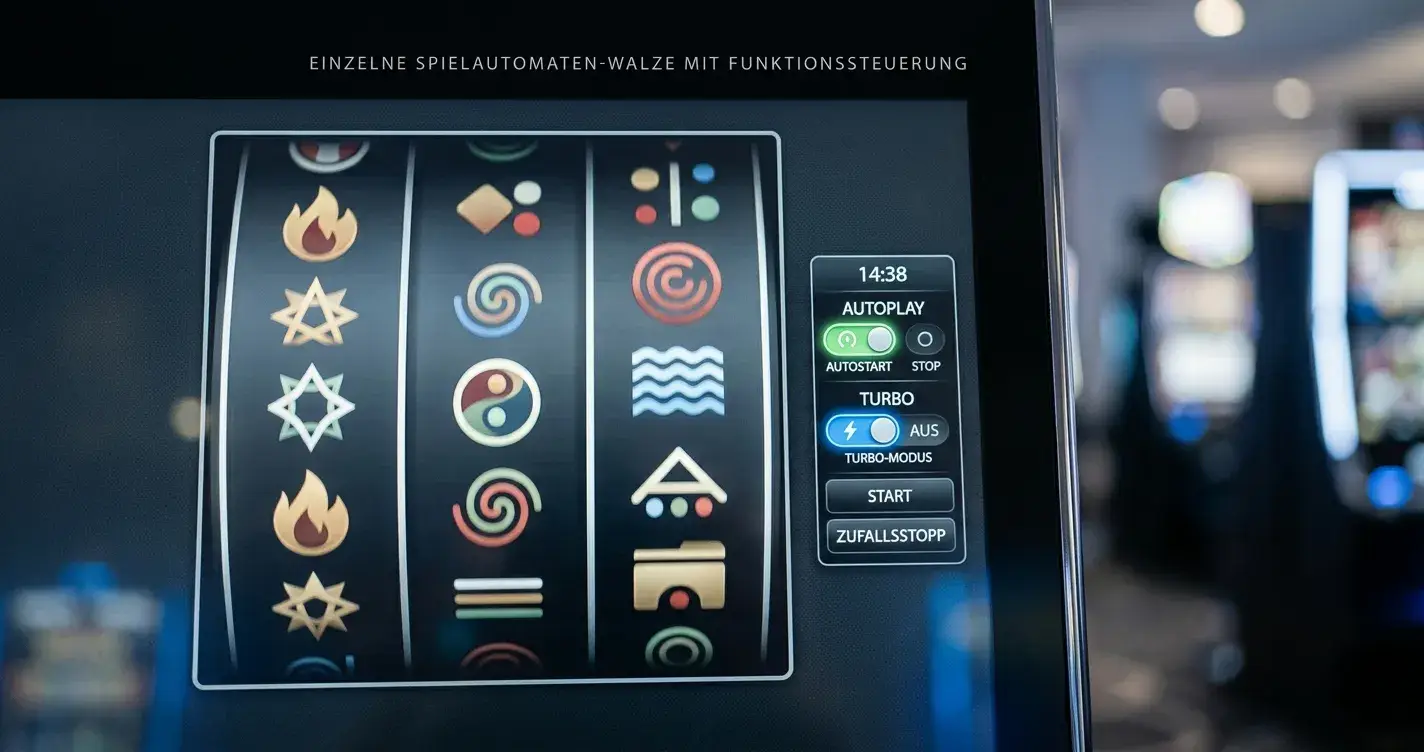 Nahaufnahme einer Slot-Walze mit generischen Symbolen ohne Markenbezug und aktiver Turbo-Anzeige