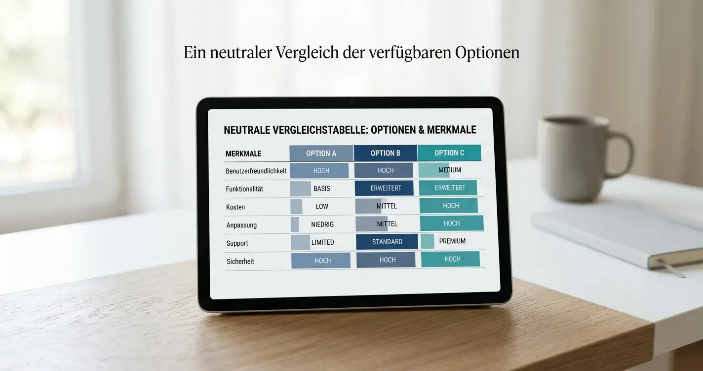Vergleichstabelle auf einem Tablet-Bildschirm mit neutralen Farbakzenten und sauberem Layout