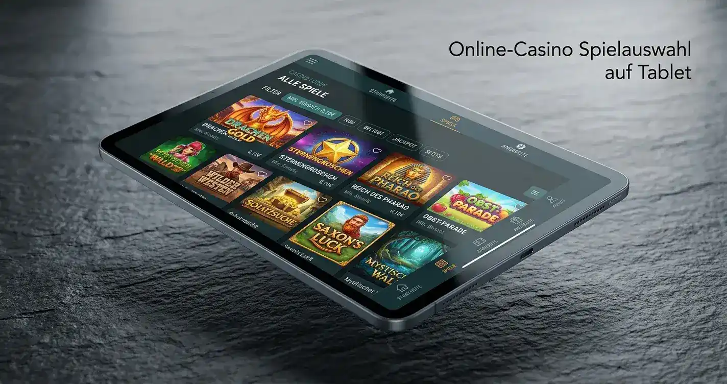 Casino-Lobby auf Tablet mit Slot-Übersicht und Mindesteinsatz-Filtern