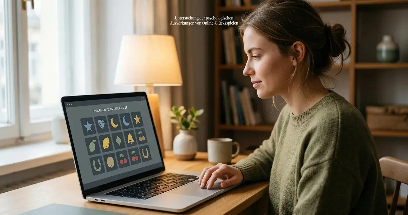 Person am Laptop wählt einen Spielautomaten mit ruhiger, symbolischer Walzendarstellung