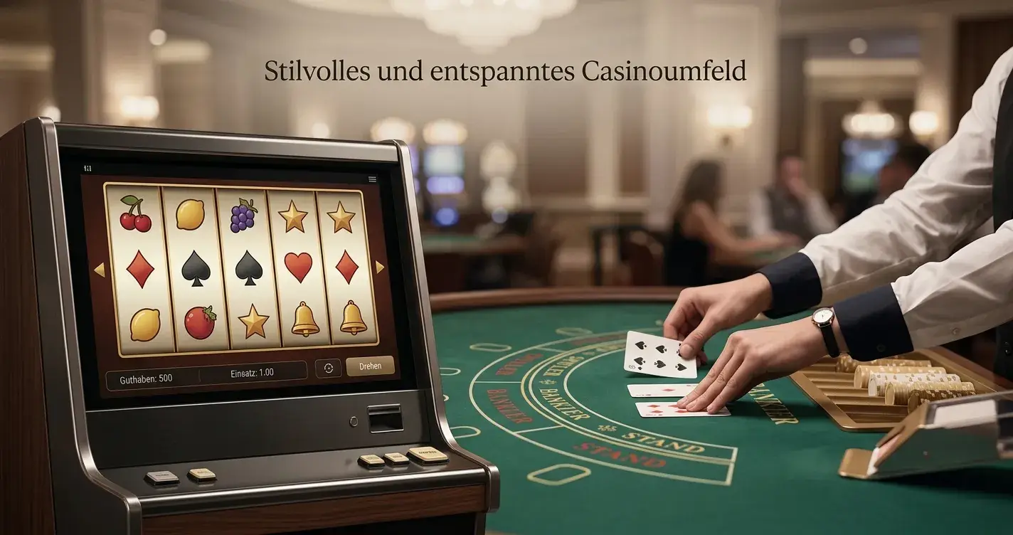 Neutrale Spielautomaten-Walzen und ein Live-Casino-Tisch ohne erkennbare Marken in einem ruhigen Bildaufbau