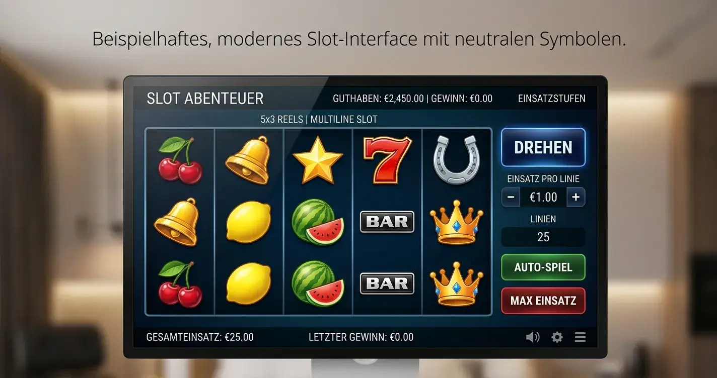 Modernes Spielautomaten-Interface ohne Logos mit neutralen Walzen und heller Beleuchtung