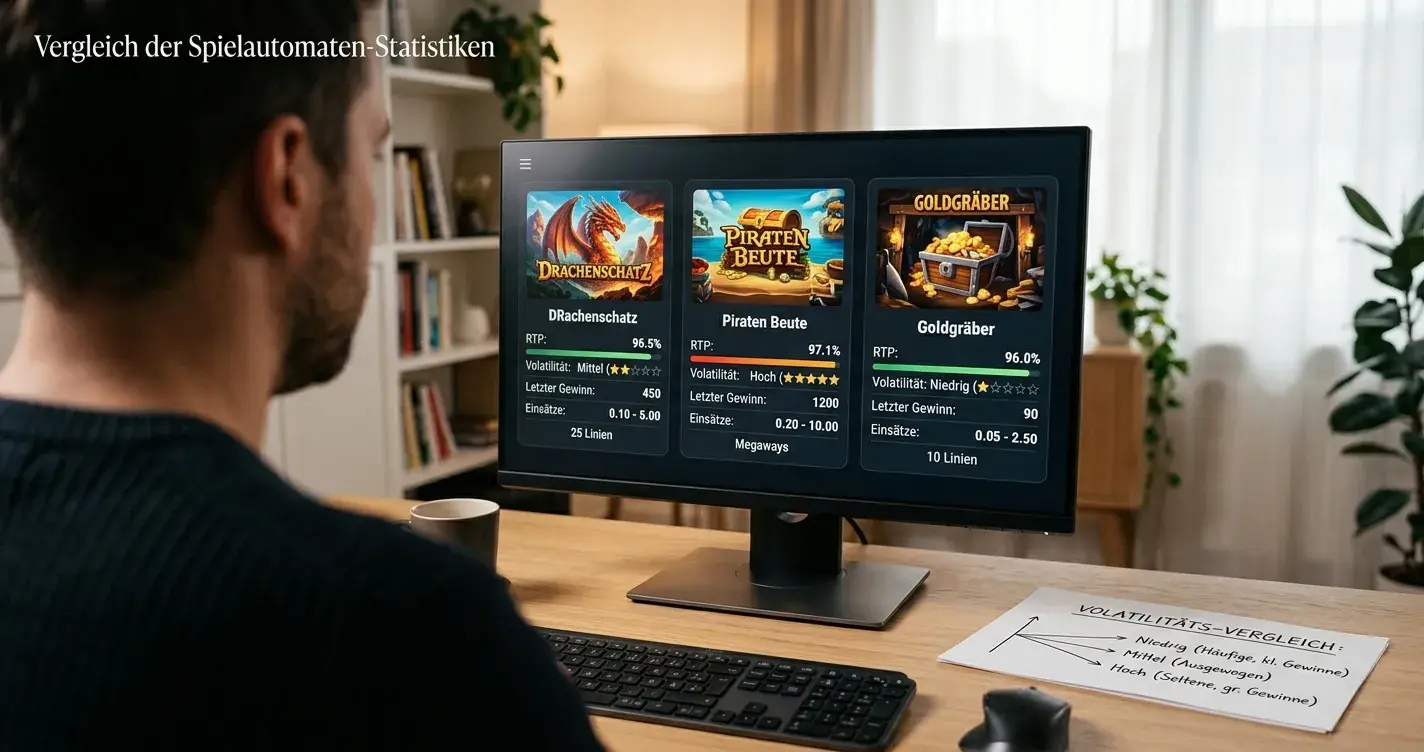 Bildschirm mit drei verschiedenen Spielautomaten und RTP-Werten, daneben Volatilitäts-Diagramm