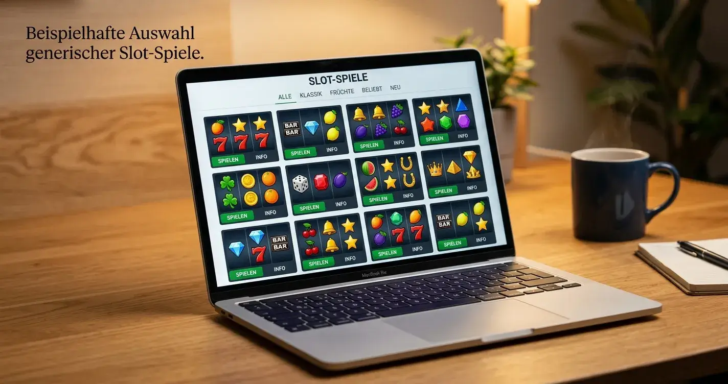 Laptop-Bildschirm mit Auswahl verschiedener Spielautomaten