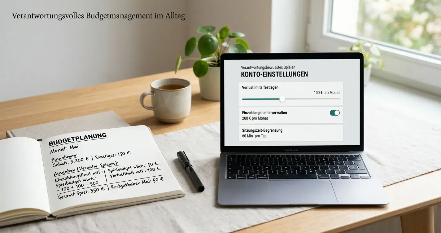Ruhiger Schreibtisch mit Notizbuch und Limit-Einstellungen auf Bildschirm