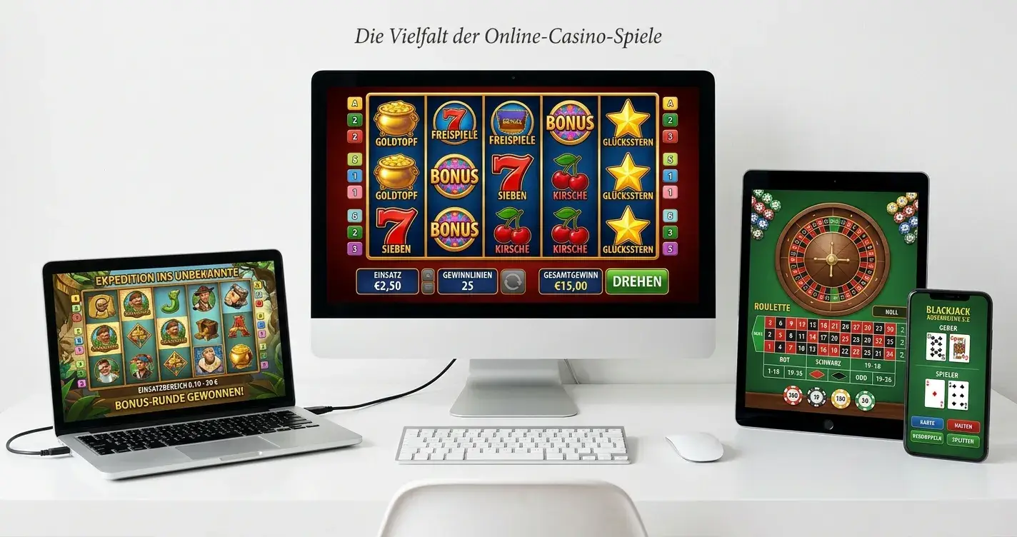 Übersicht verschiedener Casino-Spielkategorien auf mehreren Bildschirmen