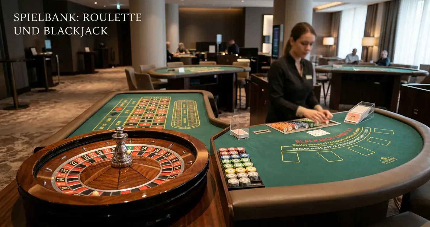 Roulette-Kessel und Blackjack-Tisch nebeneinander, neutrale Casino-Atmosphäre
