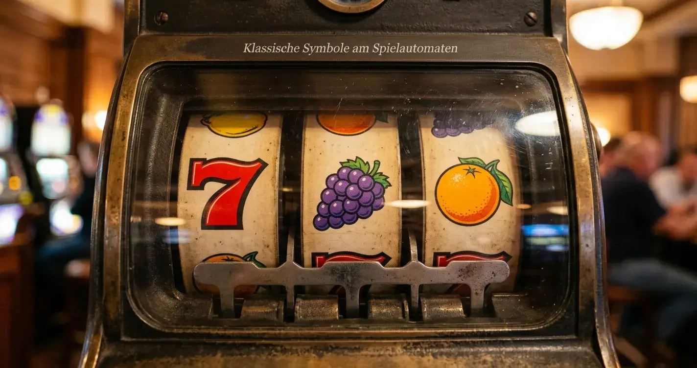 Nahaufnahme bunter Walzensymbole eines klassischen Spielautomaten