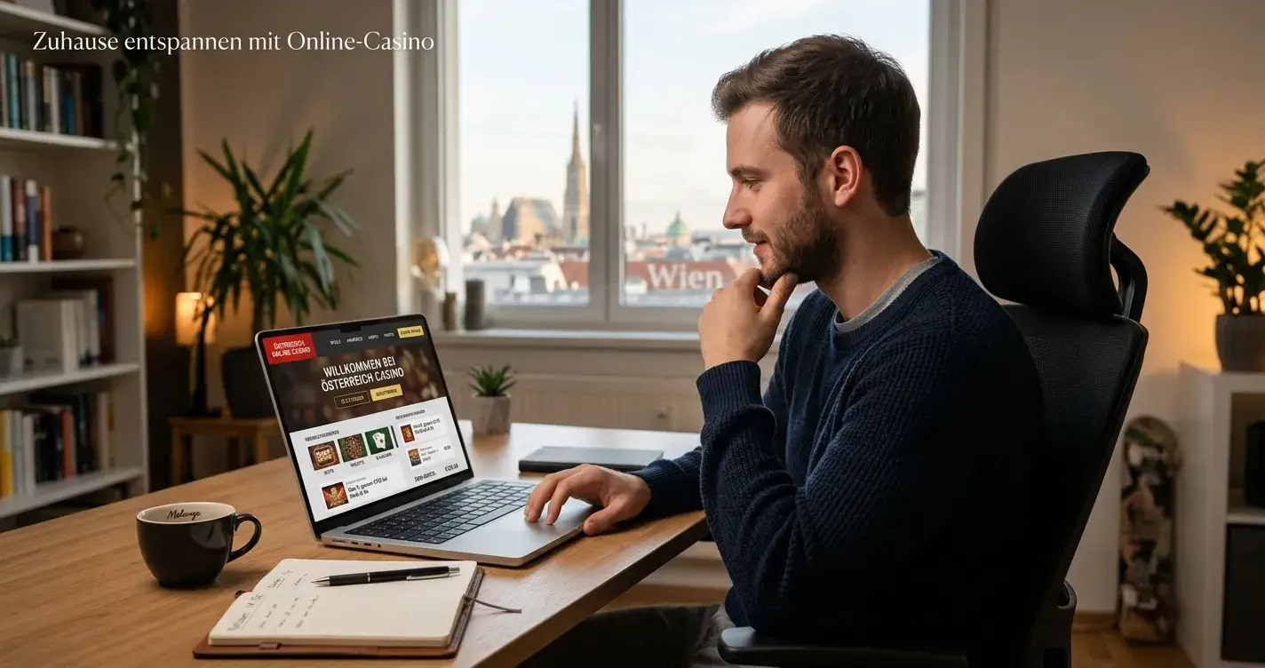 Österreichischer Spieler am Laptop mit Online Casino Interface
