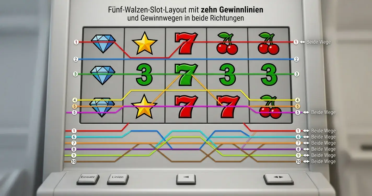 Fünf-Walzen-Slot-Schema mit Gewinnlinien-Darstellung