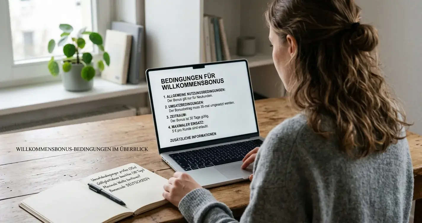 Neutrale Bonusbedingungen auf einem Laptop neben handschriftlichen Notizen