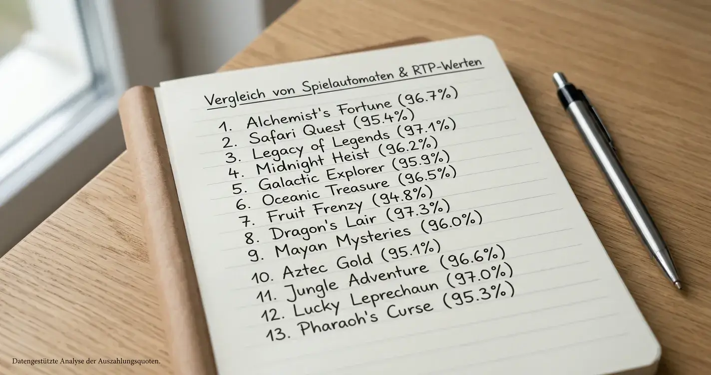 Liste von Spielautomaten-Titeln mit RTP-Prozentsätzen auf Notizblock